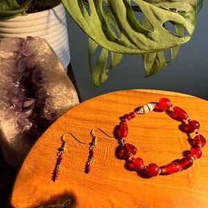 Vibrant Red Beaded Bracelet and Earring Set